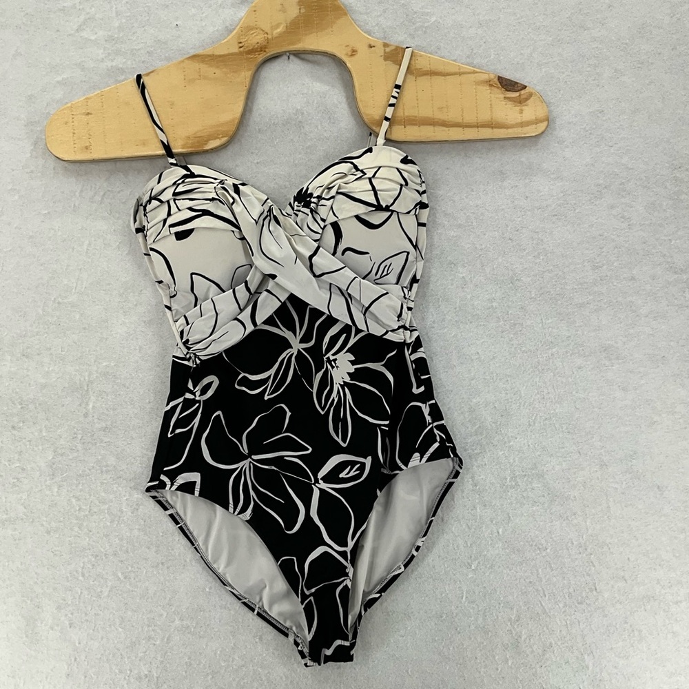 La Blanca Bandeau Mio One-Piece Swimsuit Size 12 Black & White Floralâ